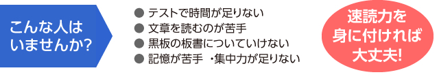 こんな人はいませんか?…テストで時間が足りない、文章を読むのが苦手、黒板の板書についていけない、記憶が苦手、集中力が足りない…速読力を身につければ大丈夫!